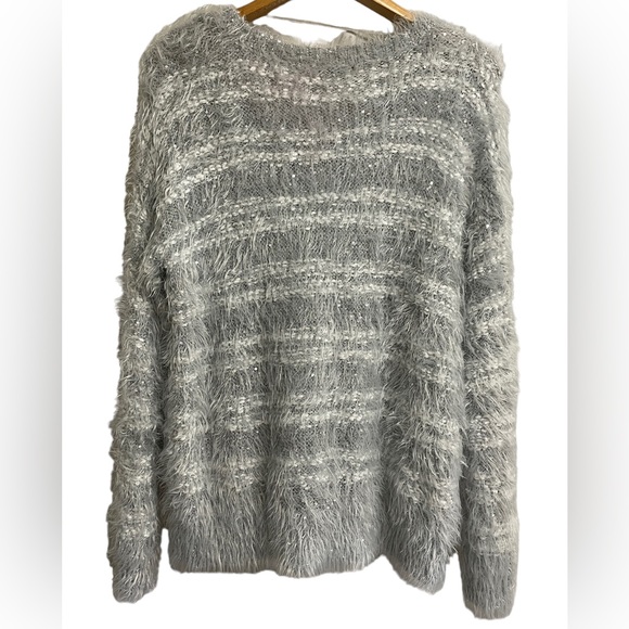Apt 9 Sweater Top Womens Large Super Soft Fuzzy Silver Sequined Metallic Gray - Picture 2 of 10